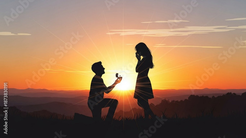Man Proposing to Woman at Sunset on Hilltop with Ring