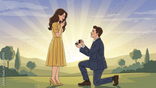 Man Proposing to Woman in Yellow Dress during Sunset in Countryside