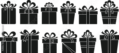 Black gift box silhouettes set with bows and ribbons, assorted present icons for birthday, Christmas, holiday celebration, surprise package vector illustration, isolated
