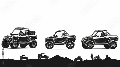 Three Off Road Vehicles Side By Side Illustration.