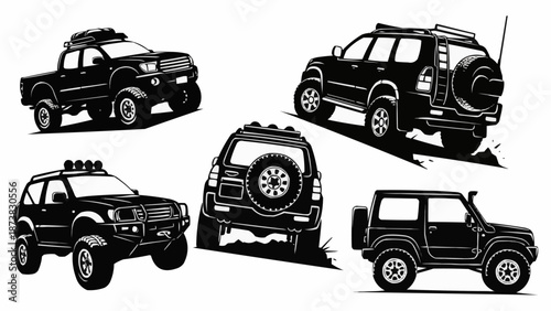 Set of Off Road Vehicles in Black and White Style.
