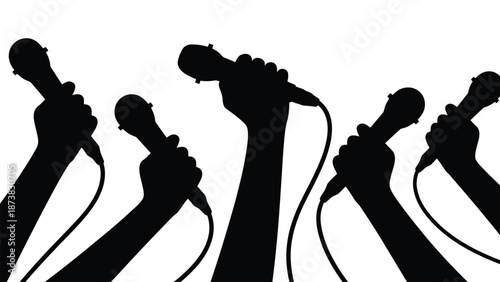 A group of people holding microphones in a public speaking setting