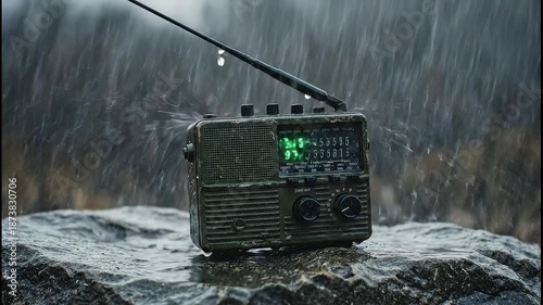An old rugged radio stands on wet rocks in heavy rain. Green screen digits flash on its display. Emergency communication during a storm.