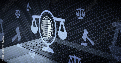 Derecho digital y protección de datos con red de servidores y balanza