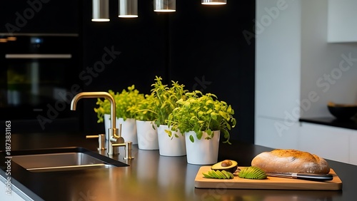 Modern kitchen counter with gold faucet and fresh herbs