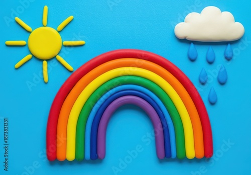 Clay rainbow with sun and cloud with rain drops on blue background