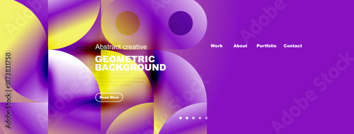 Vibrant abstract website mockup. Purple, orange hues blend. Text highlights geometric background, navigation present. Modern design.