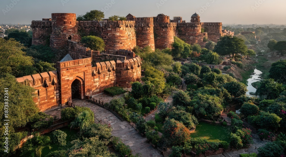 Obraz premium Majestic ancient fortress surrounded by lush greenery and winding river, showcasing intricate stone architecture and historical significance in a serene landscape