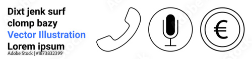 Communication, audio tools, financial services, technology, digital platforms, business. Minimalist line icons of a phone, microphone and euro symbol. Communication and financial services concept