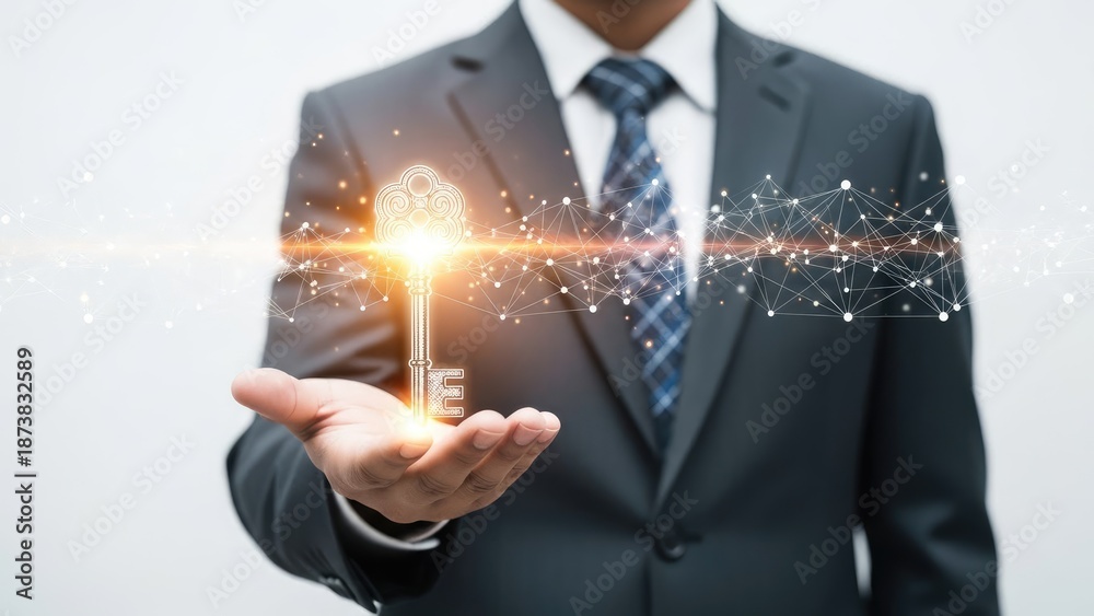 Naklejka premium Businessman holding a glowing golden key, symbolizing success and opportunity.