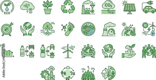 Eco sustainability and climate change icons set, recycling renewable energy, carbon reduction, green technology, environmental protection, flat vector illustration