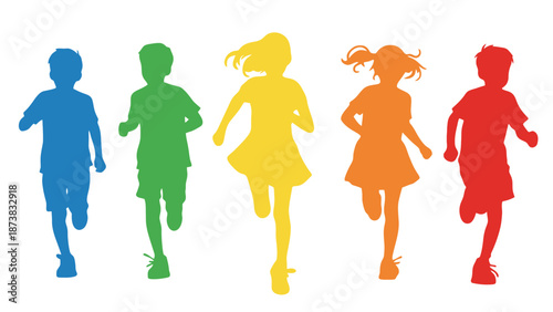 A group of colorful children running together in a fun outdoor activity