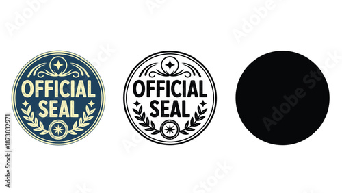 Three official seals and a black circle on a white background