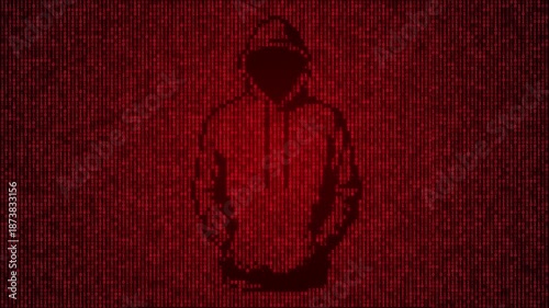 Looping Red Digital Hacker Silhouette in Binary Code Matrix Background, Cyber Security, Ransomware and Data Breach Attack Animation