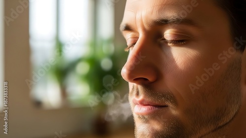 Close-up profile of a man meditating with eyes closed and exhaling vapor