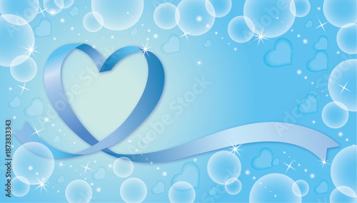 青いリボン　ハートの背景