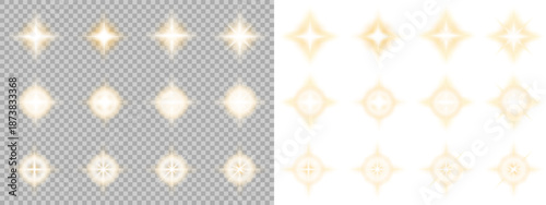 Set of realistic golden glow elements with soft light rays and starburst shapes. Perfect for magical effects, highlights, celebrations, and modern graphic projects.