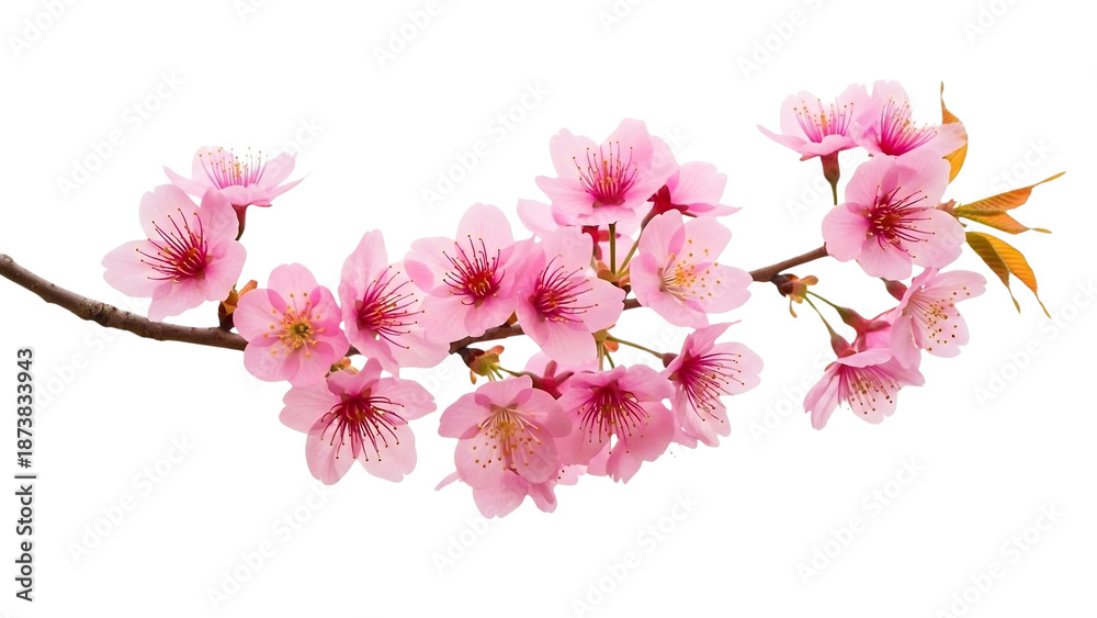 Obraz premium Vibrant pink cherry blossom branch with delicate petals on a black background