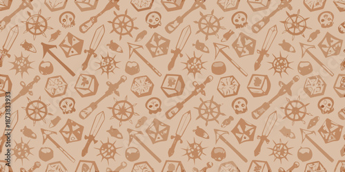 Pirate themed pattern with skulls swords ship wheels and treasure chests