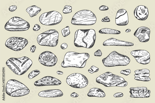 Sea stones set. Hand drawn doodle Sea Pebbles - vector illustration