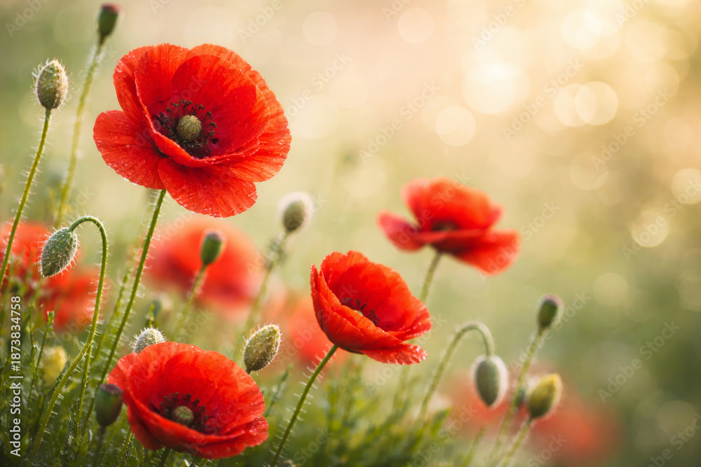 Naklejka premium Poppy flowers blooming in field at sunset, symbol Anzac Day, Remembrance Day and Lest We Forget concept.
