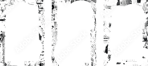 Grunge mask overlay set. Border frame clipping mask collection for trendy cyber punk posters . Glitched layer ,grunge textured, distressed effect .Vector halftone dots screen print texture.
