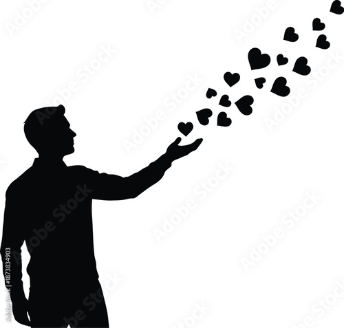 A silhouette of a man releasing a stream of hearts into the air