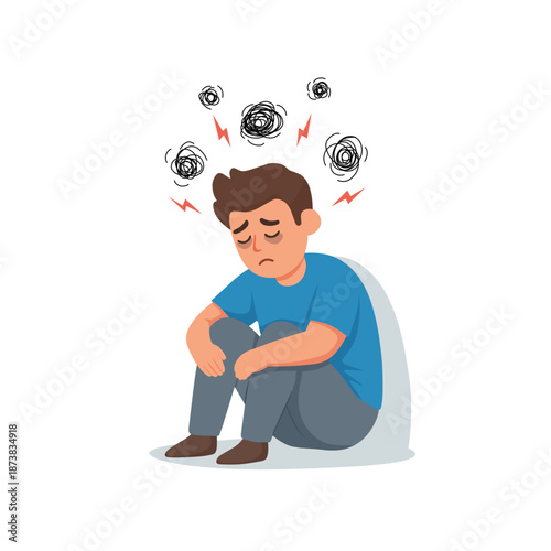 Depressed man sitting alone with anxiety and negative thoughts. Flat cartoon illustration showing depression, mental breakdown, emotional distress, loneliness, and psychological problem isolated on wh