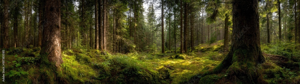 Fototapeta premium Dense forest scene featuring tall trees and lush green vegetation landscape