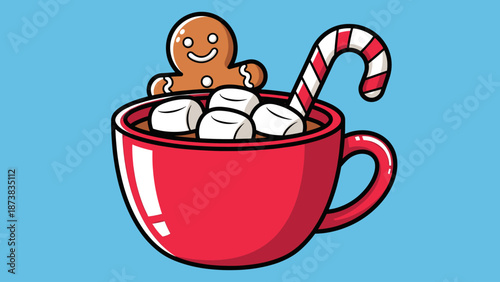Festive Hot Chocolate with Gingerbread Man - Holiday Treat Illustration