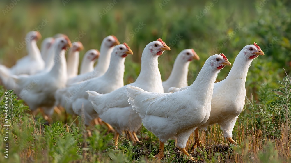 Obraz premium White hens in the field .