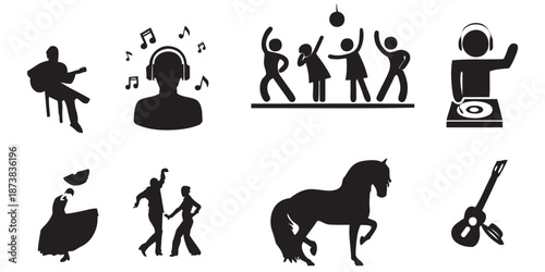 
A diverse collection of black silhouettes representing various forms of music, dance, and a majestic horse
