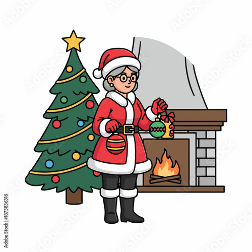 A woman in a Santa suit holds ornaments by a fireplace