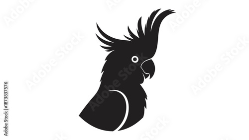 Elegant black cockatoo head silhouette with distinctive crest looking forward on an isolated white background.