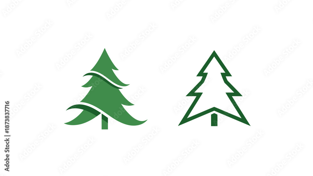 Obraz premium Two Stylized Green Fir Trees Symbolizing Nature and Festivity on Isolated White Background.