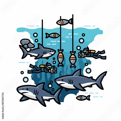 Underwater scene with sharks and divers