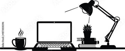 Workspace desk with laptop, coffee, and office supplies