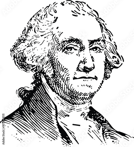 George Washington portrait vector illustration, black and white woodcut style first president of the United States, historical American founding father and statesman.