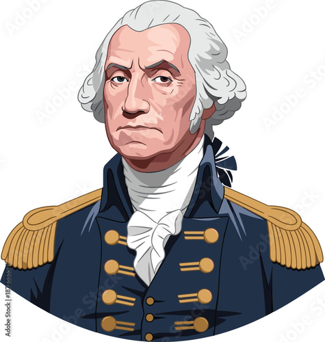 George Washington portrait vector illustration, first president of the United States in military uniform, American founding father history and patriotic hero icon.