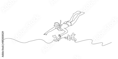 Hand drawn continuous line illustration of a man snorkeling underwater near coral reef.Single line artwork created for water sport, marine exploration, and ocean adventure concepts.