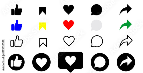 Like, comment, and share icon in line design. Love, Thumbs up, speech bubble, and arrow repost Editable stroke, Solid & outline sign symbol