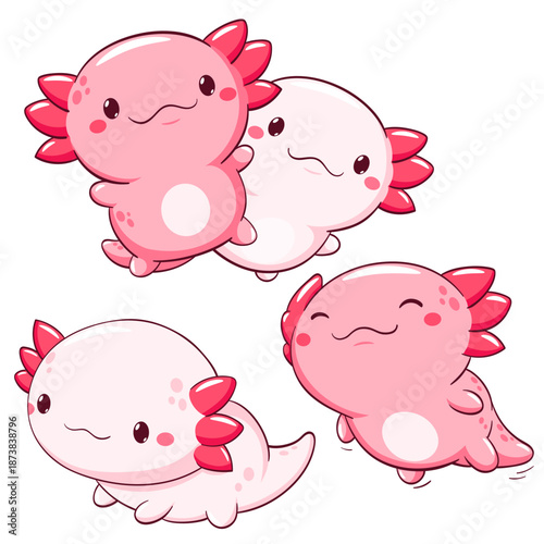 Set of axolotl in kawaii style. Lovely axolotl baby in different poses. Cute axolotl expression sheet collection. Can be used for t-shirt print, sticker, greeting card. Vector illustration EPS8