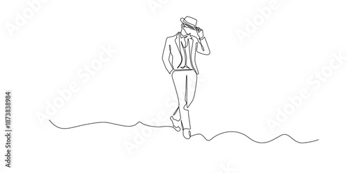 Hand drawn continuous line illustration of a dapper man tipping his hat.
Single line artwork created for elegant fashion, classic style, and modern gentleman lifestyle concepts.