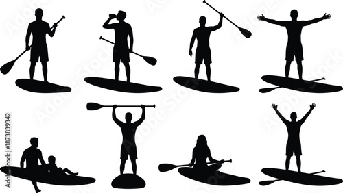 Stand up paddle boarding silhouettes set, people on SUP boards with paddles, summer water sports collection, outdoor lake activities isolated vector illustration icons