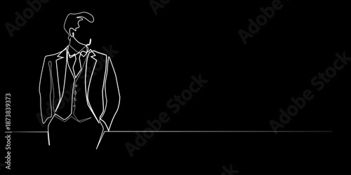 Hand drawn continuous line illustration of a stylish man wearing a formal suit. Single line artwork created for business fashion, elegant appearance, and modern gentleman concepts.