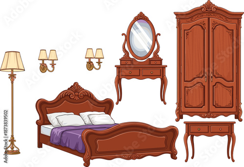 Vintage wooden bedroom furniture set with ornate classic bed, wardrobe, vanity mirror, bedside table, floor lamp, and wall sconces for interior home decor.