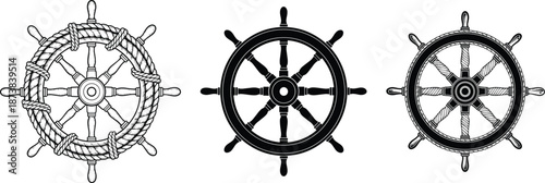 Vintage ship wheel silhouettes and nautical helm icons with rope details, maritime steering vector elements for sea sailing, ocean travel, and naval branding.
