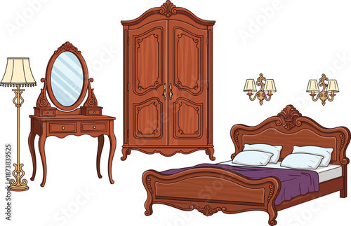 Vintage wooden bedroom furniture set with ornate classic bed, wardrobe, vanity mirror, bedside table, floor lamp, and wall sconces for interior home decor.