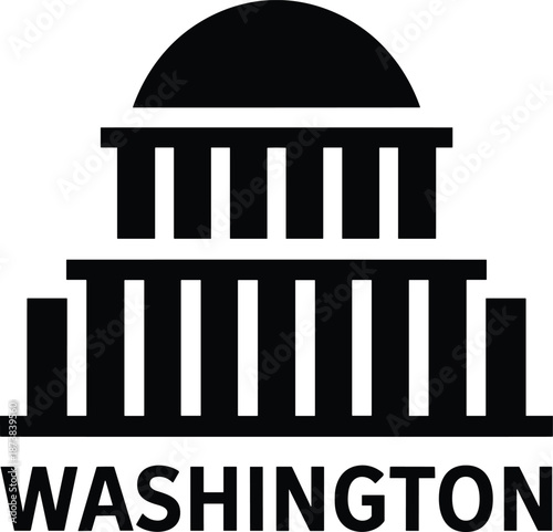 Washington Capitol Building dome black silhouette icon, federal government landmark vector illustration, United States legislative architecture symbol, and political travel graphic.