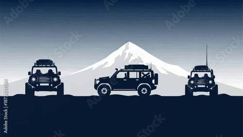 Three off road vehicles parked in front of a snow capped mountain range.